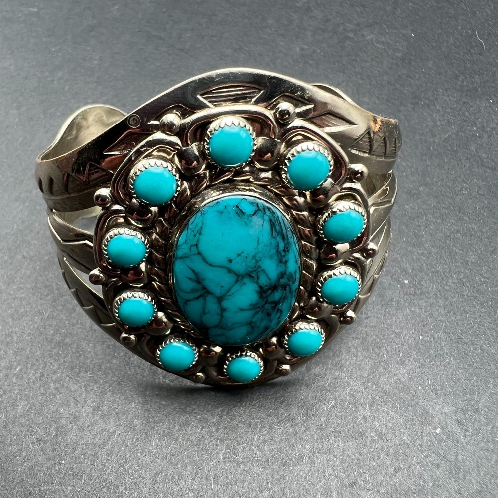 JB Nickel Faux Turquoise Cuff Bracelet Oval Cluster Southwest Statement Jewelry‎